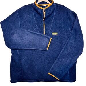 Vintage LL Bean Mens Fleece Quarter Zip Pullover Navy Blue Mustard Trim Lg